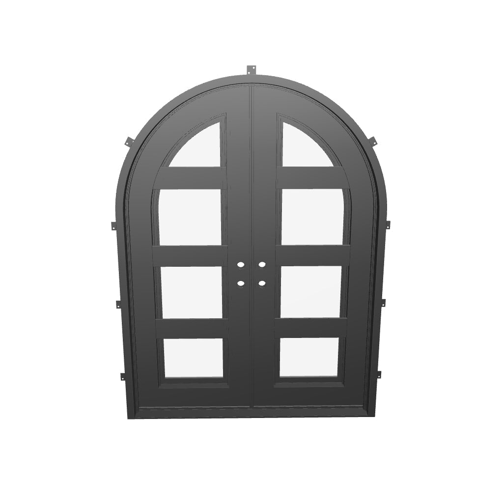 Knox double full arch top hinged door with thick double-pane glass in bronze.
