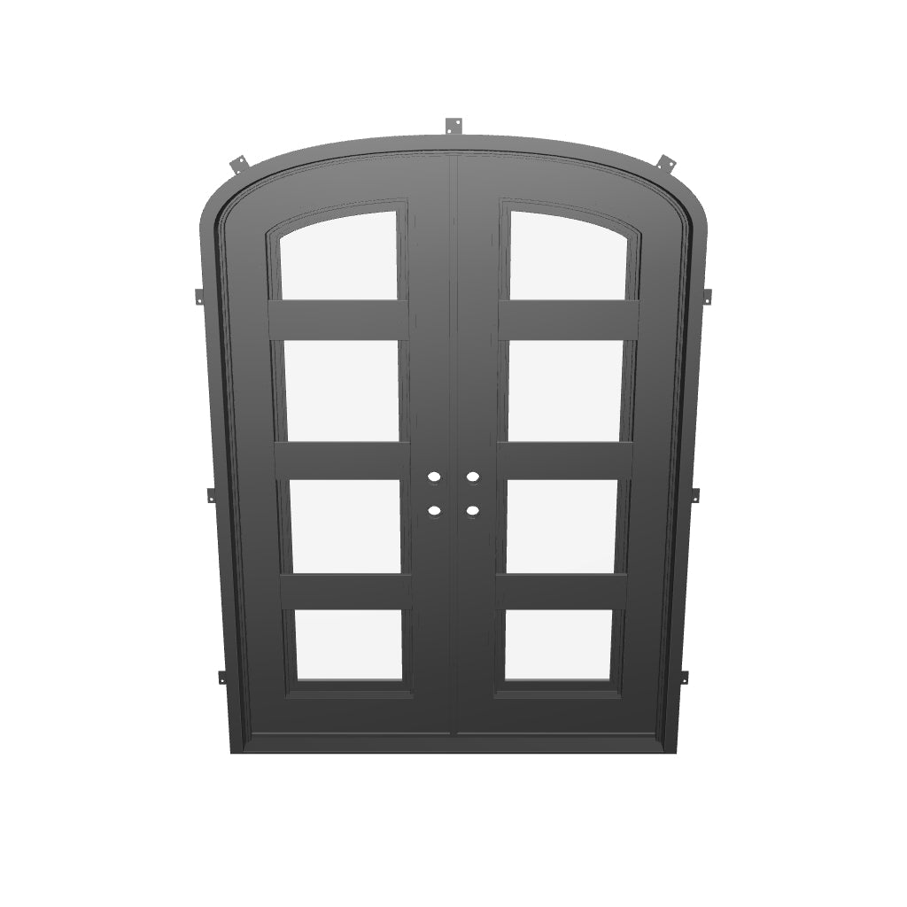 Knox double iron door in bronze hue with glass and arch.