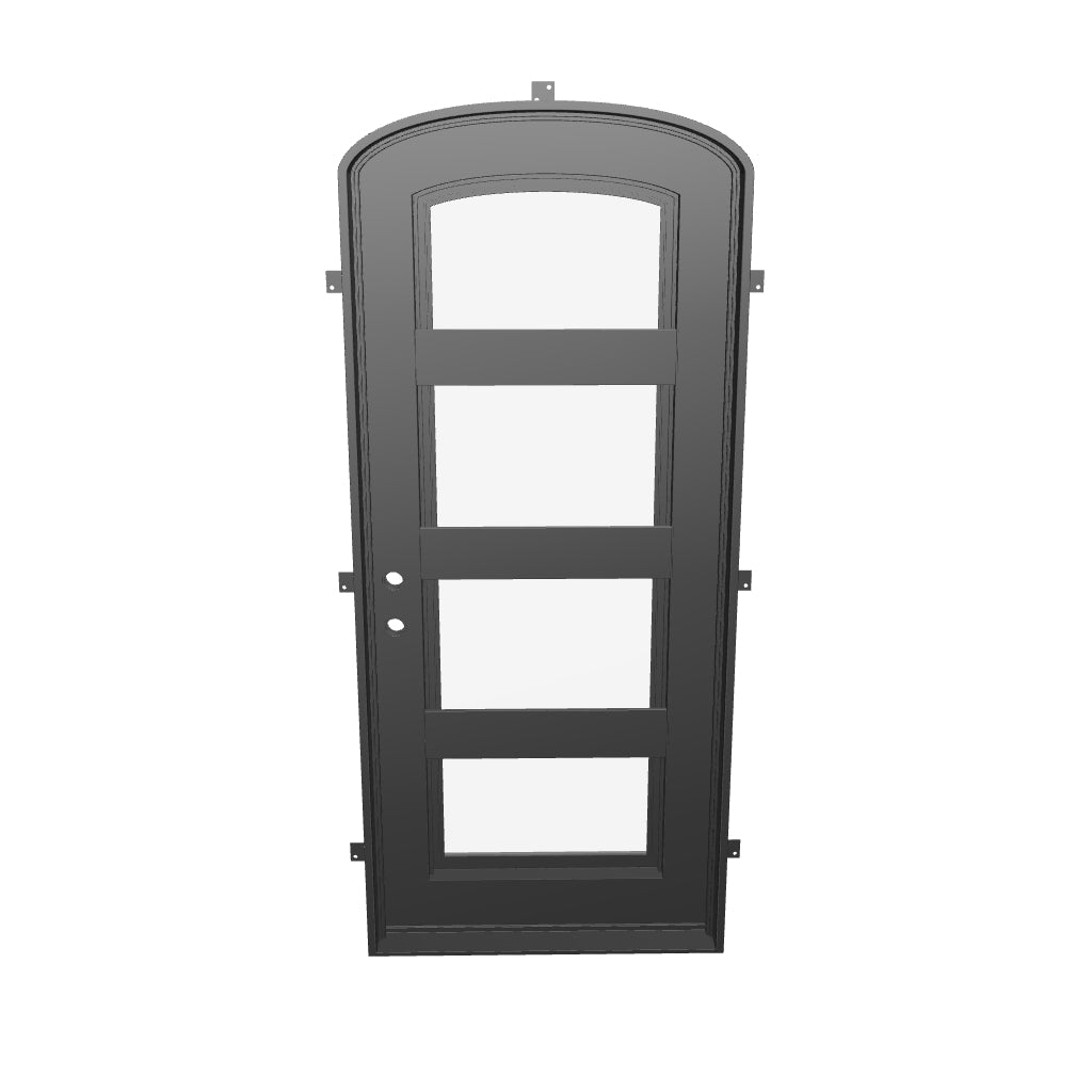 Knox single mini arch top iron entry door with simple ironwork in black color.