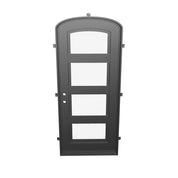 Knox single mini arch top iron entry door with simple ironwork in black color.