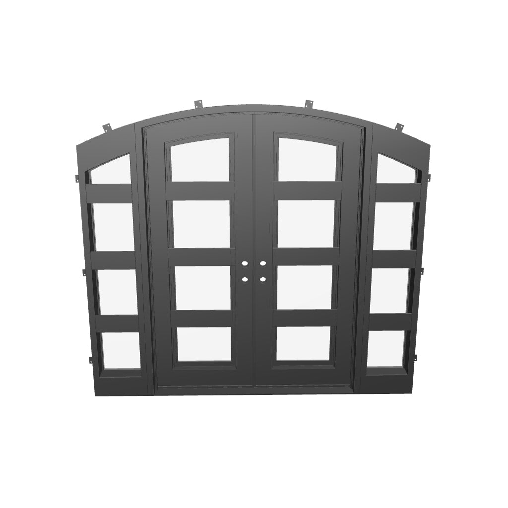 Knox double arch entry doors with sidelights and dramatic curved frame