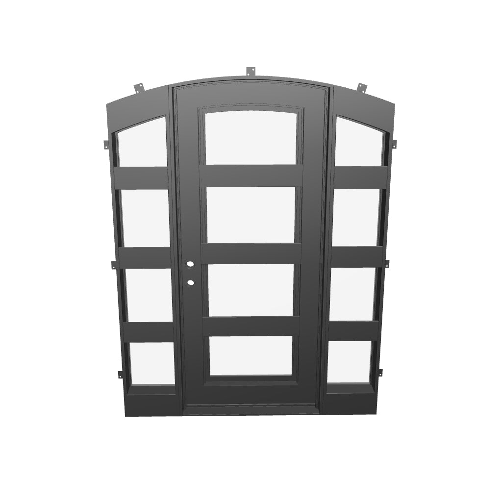 Knox single arch top entry door thermally broken with sidelights.
