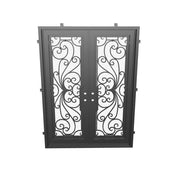 Miracle pre-hung black wrought iron double flat top swing door with glass.