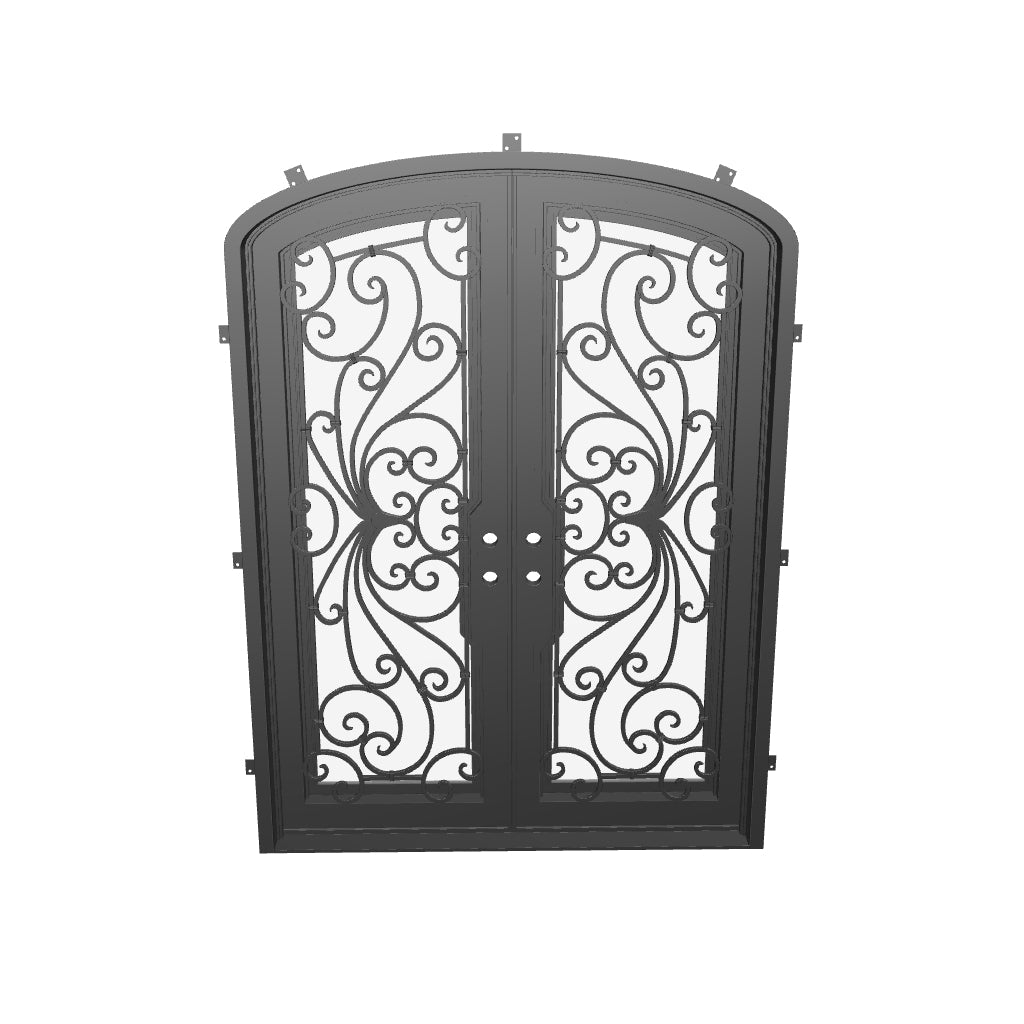 Miracle bronze shaded iron double door with arched style and efficient glass.