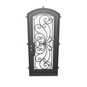 Miracle single soft arch top entry door with ornate metalwork in black.