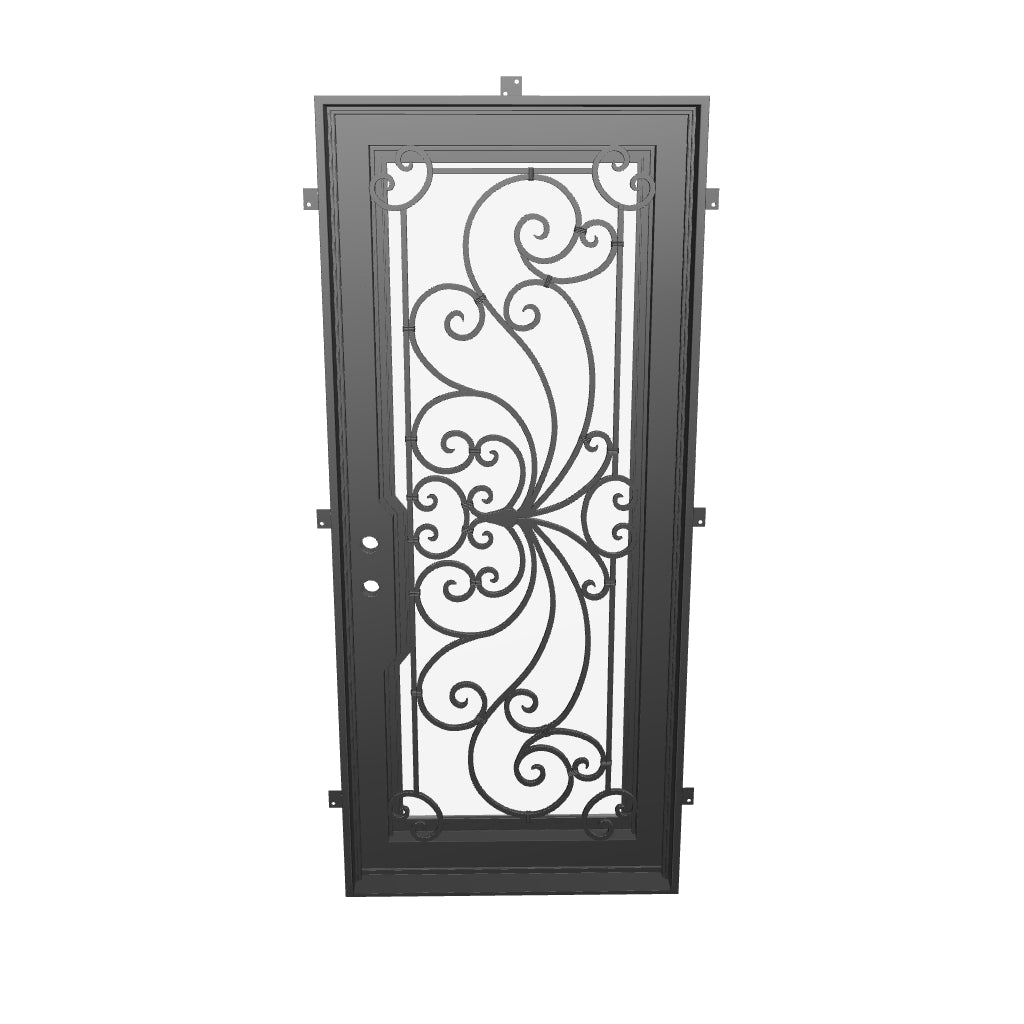 Miracle Black iron single flat top door with double-pane tempered glass panel.