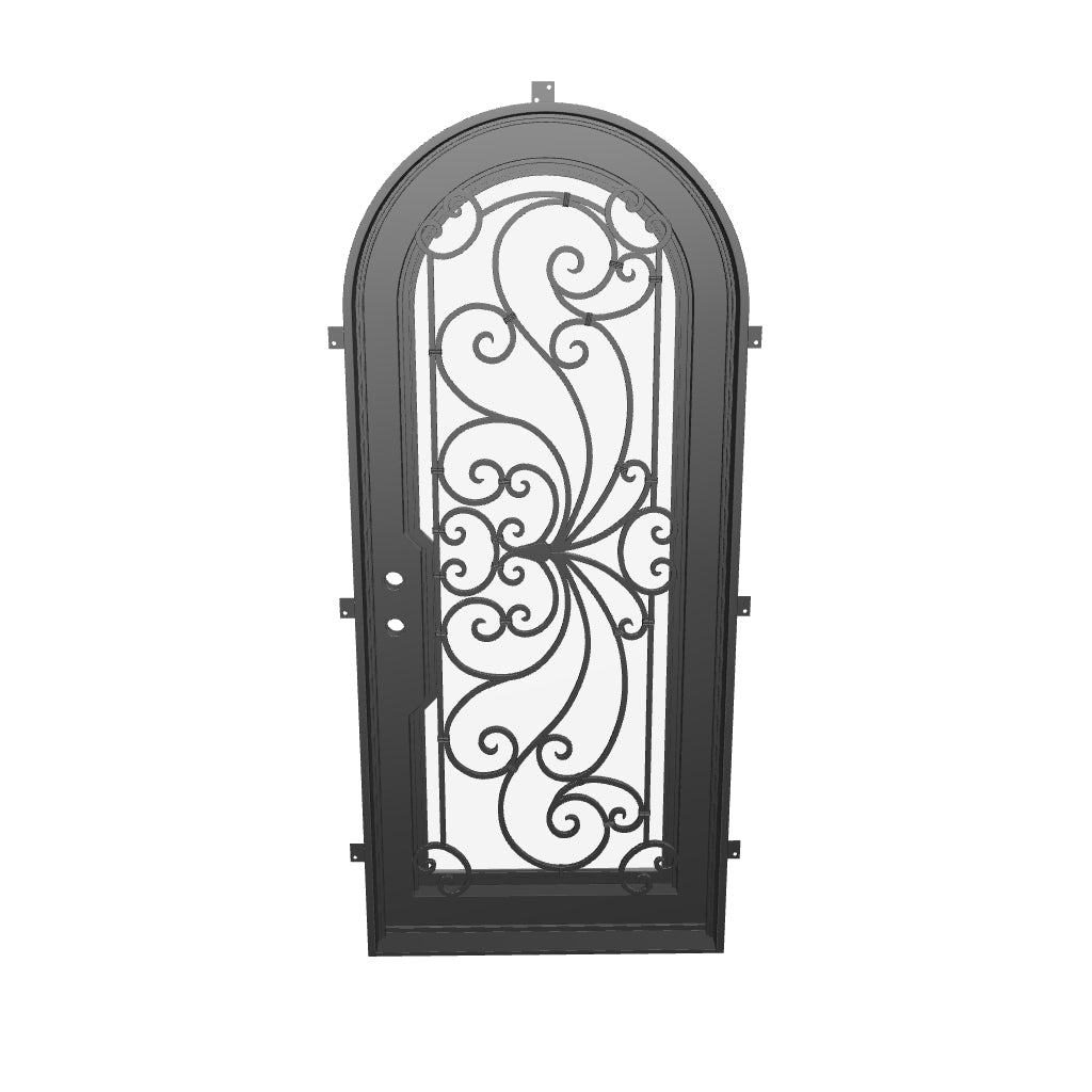 Miracle single full arch top hinged door with decorative scrollwork and double glass.