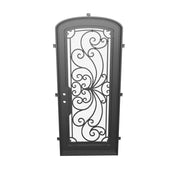 Miracle bronze color exterior iron mini arch top single door with decorative metalwork.
