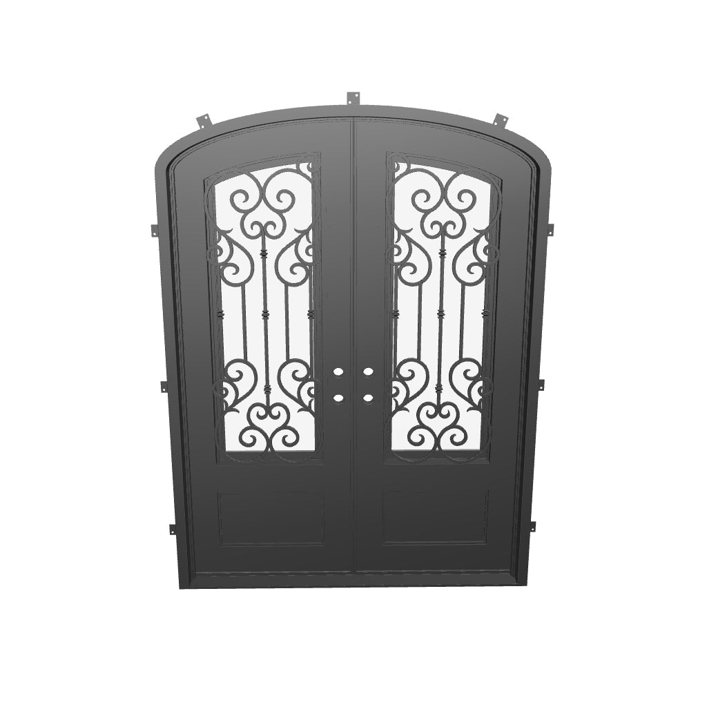 New York double iron door with arch and glass windows in bronze hue.