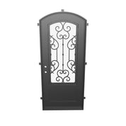 New York single arch top swing door with decorative scrollwork and glass panel in black.