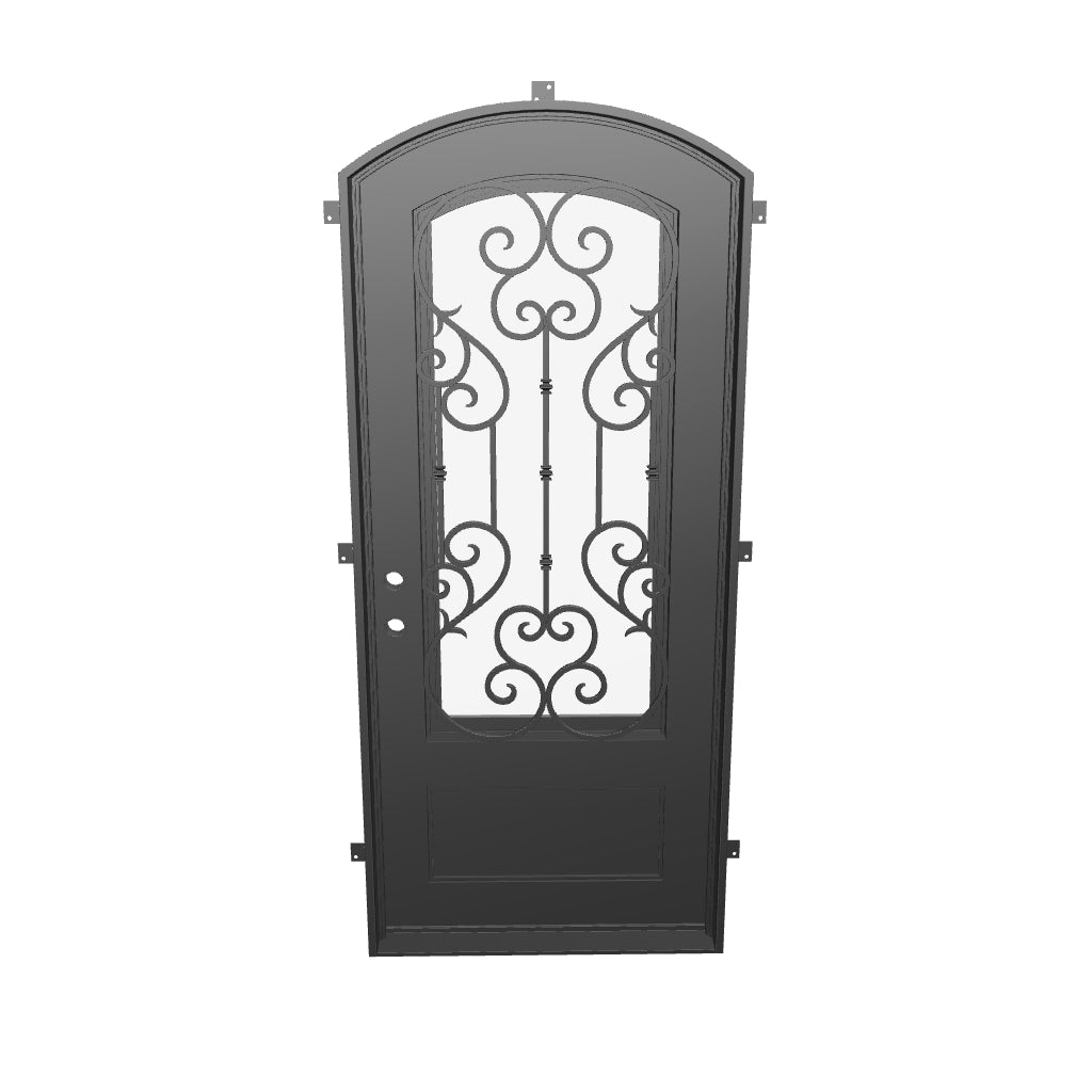 New York arch top hinged door with ornate metalwork and thermal break.
