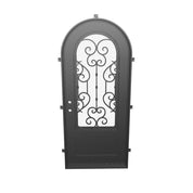 New York single full arch top entry door with ornate scrollwork and tempered glass.