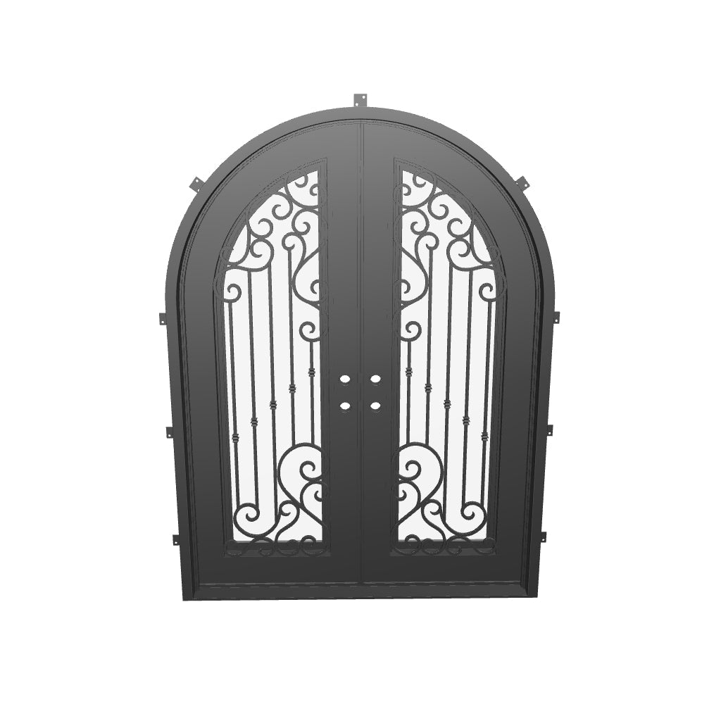 Paris radius top iron french door in bronze color.