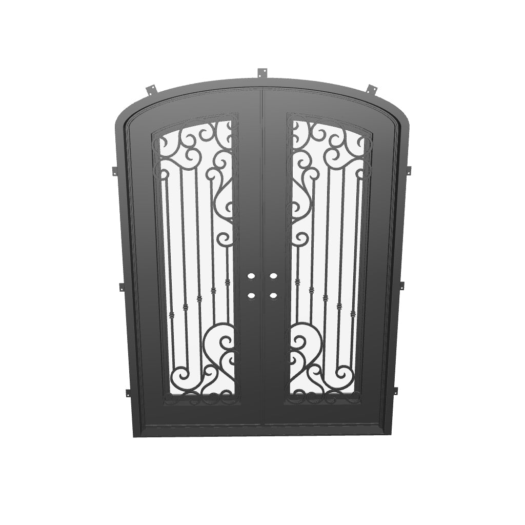 Paris iron double door with arched top and clear glass in bronze color.