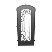 Paris curved top hinged door with decorative ironwork for cold weather.
