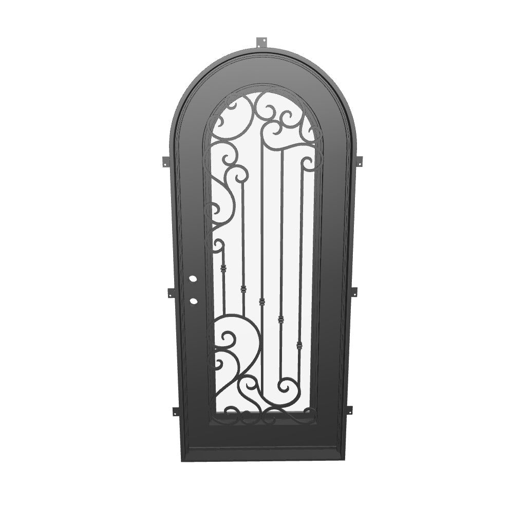 Paris full arch top swing door with thermal break in matte black color.