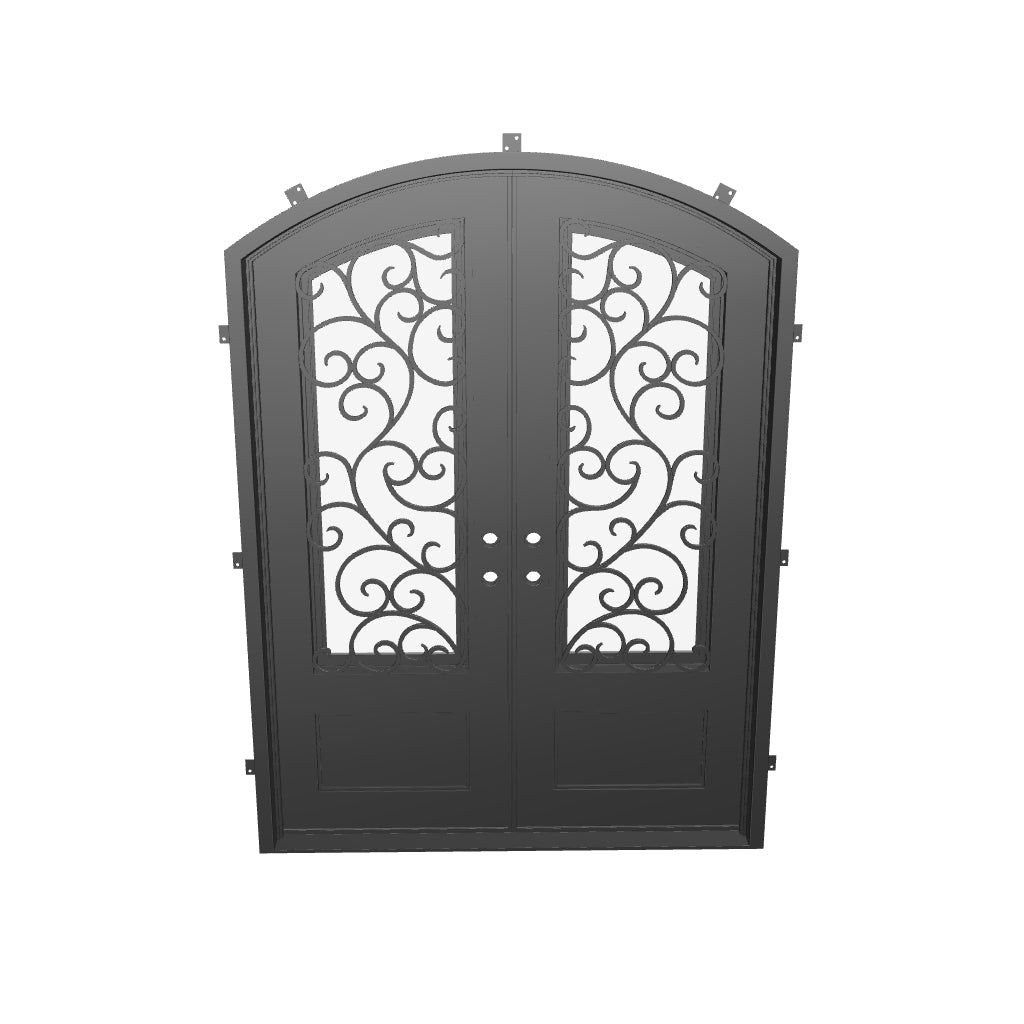Story arch top entry door in black with thermal barrier and glass.