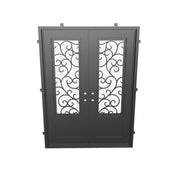 Story architectural bronze iron double flat top door with dual-pane glass.