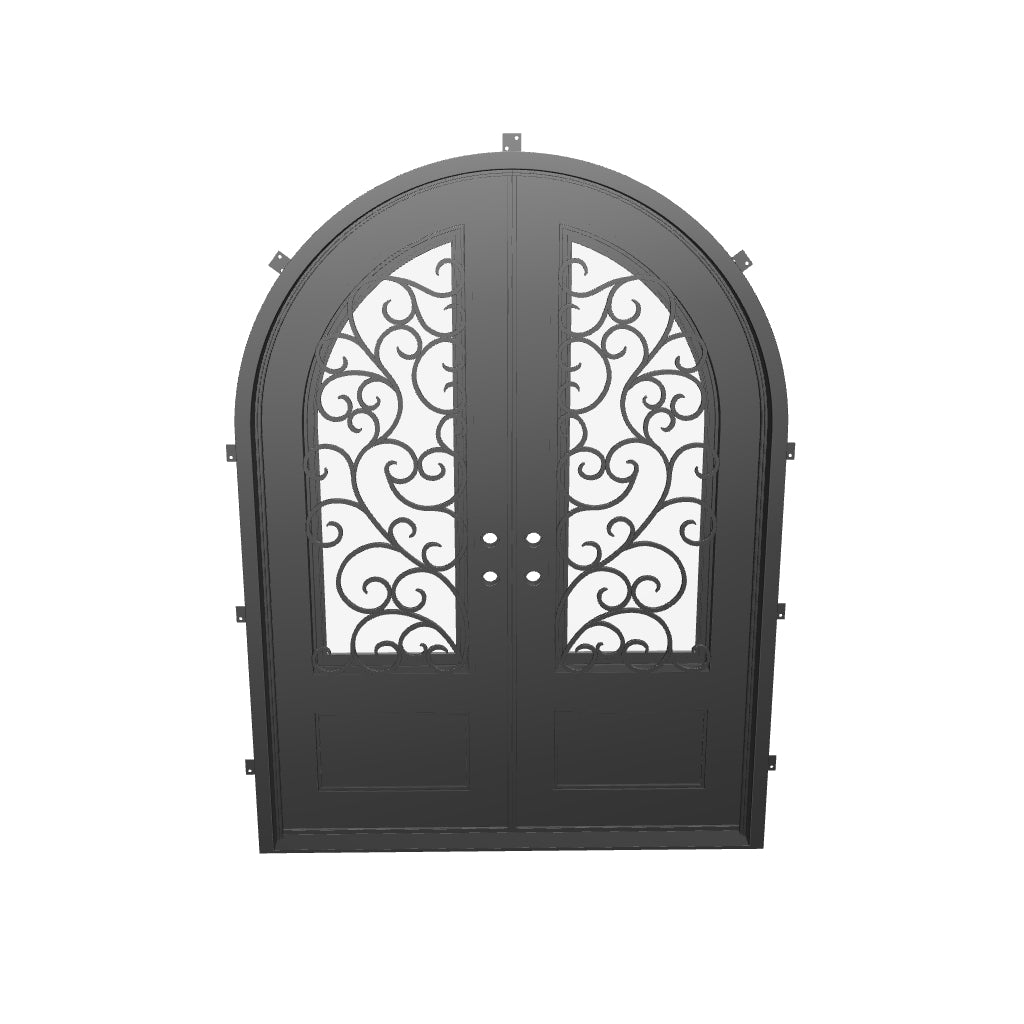 Story round top iron french door with clear glass and thermal barrier.