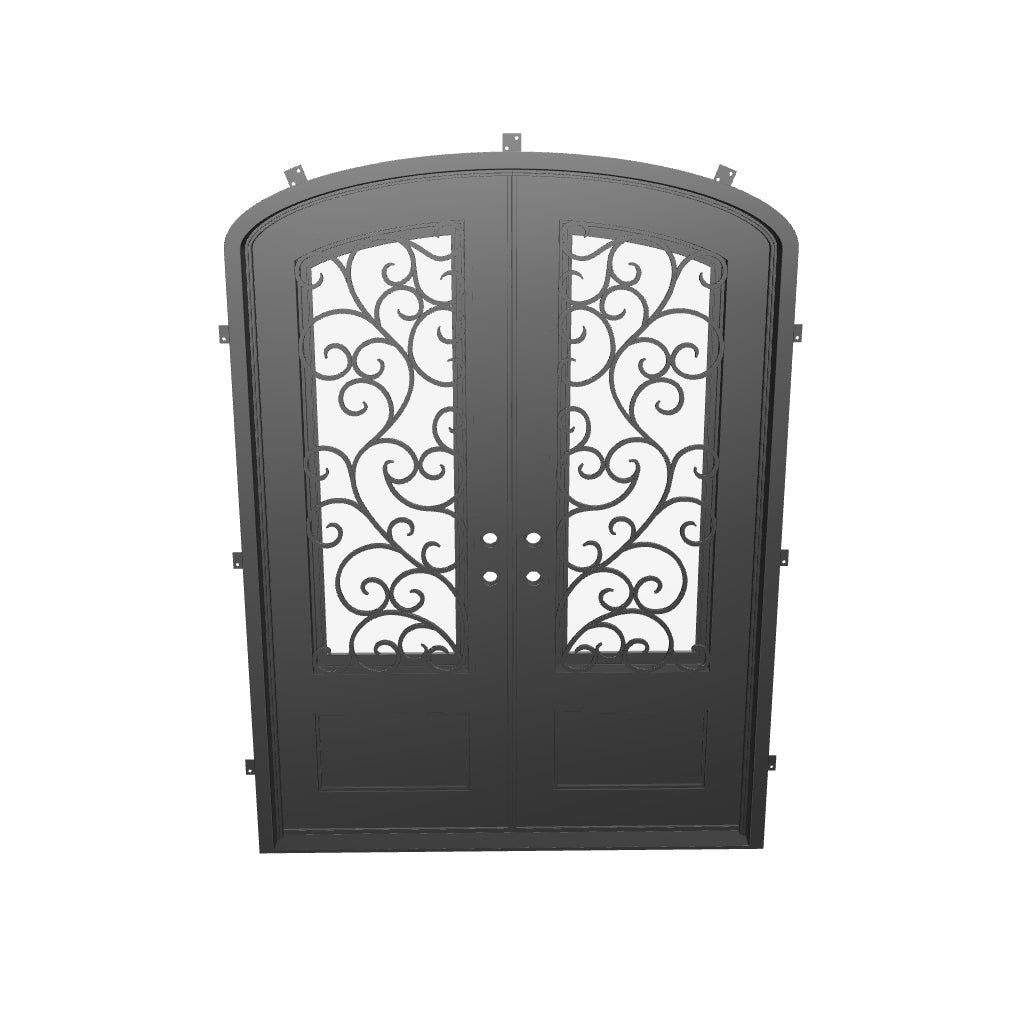 Story arched style double entry door with clear glass in bronze finish.