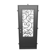 Story Black iron flat top single front door with glass panel and scrollwork.