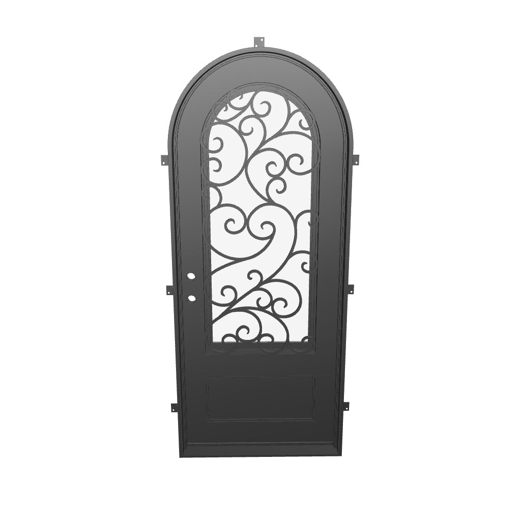Story radius top metal door with thermal break and hand forged design in black.