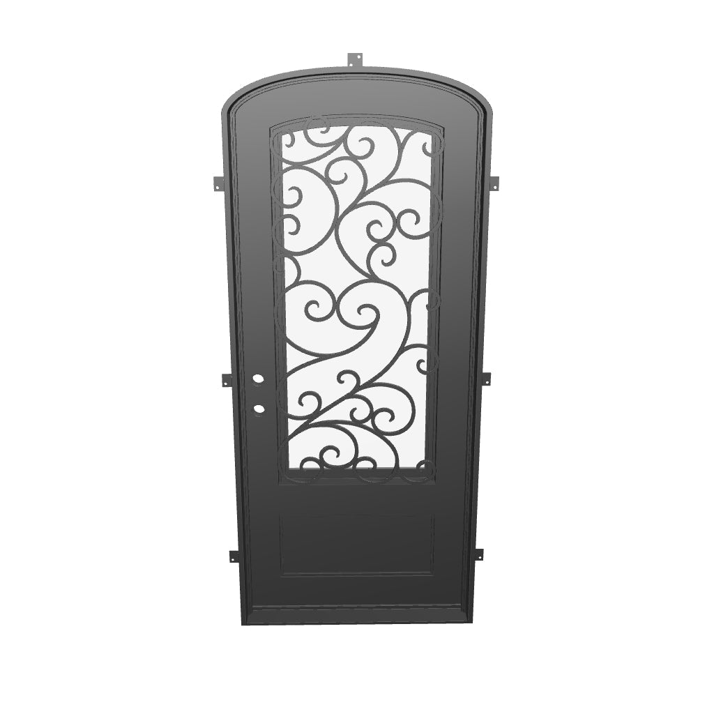 Story pre-hung bronze color iron mini arch top single door with dual-pane tempered glass.