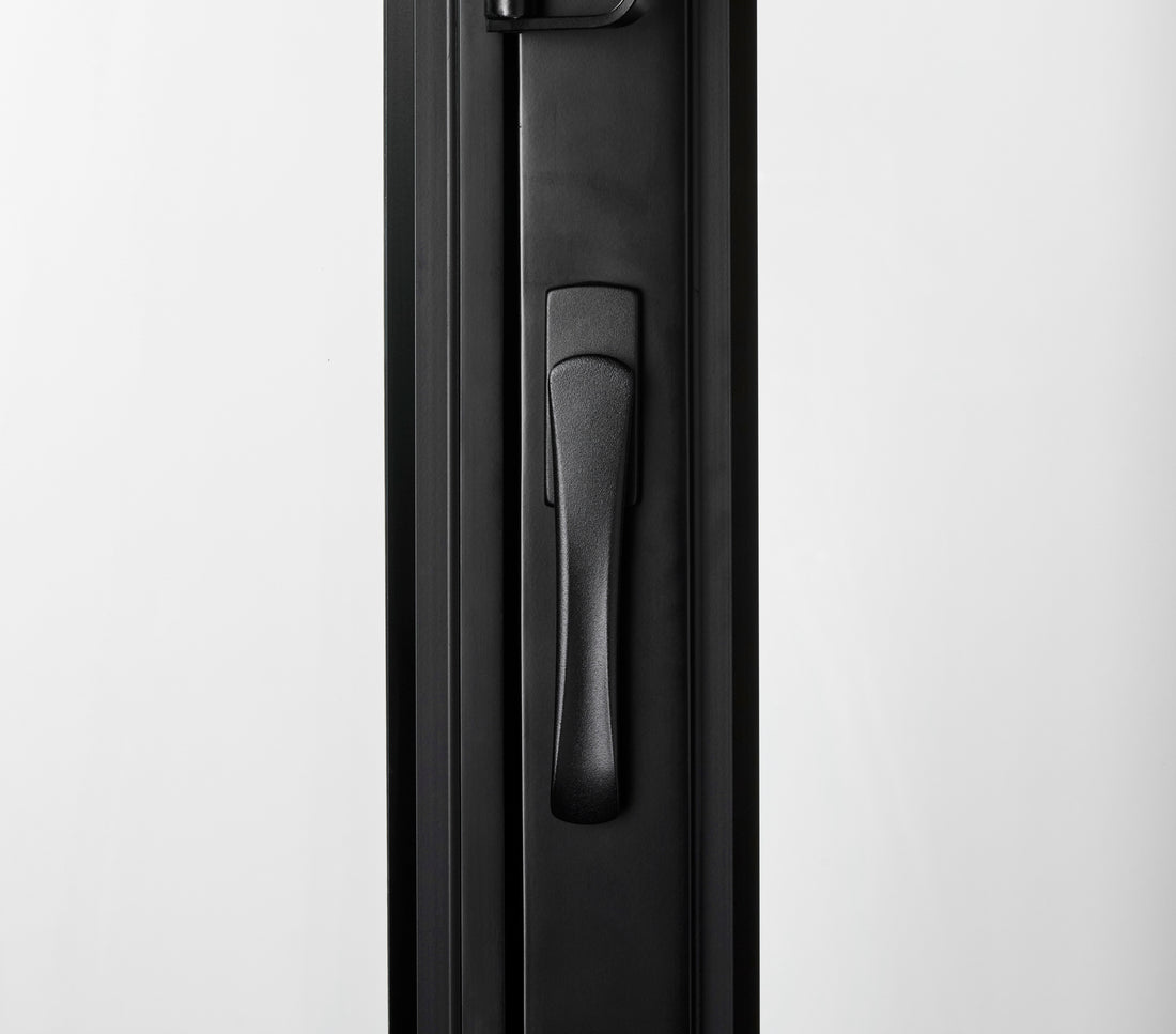 folding accordion bi-fold door in steel with glass grids