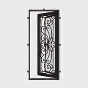 Miracle Single flat top front door with ornate scrollwork and glass insert.
