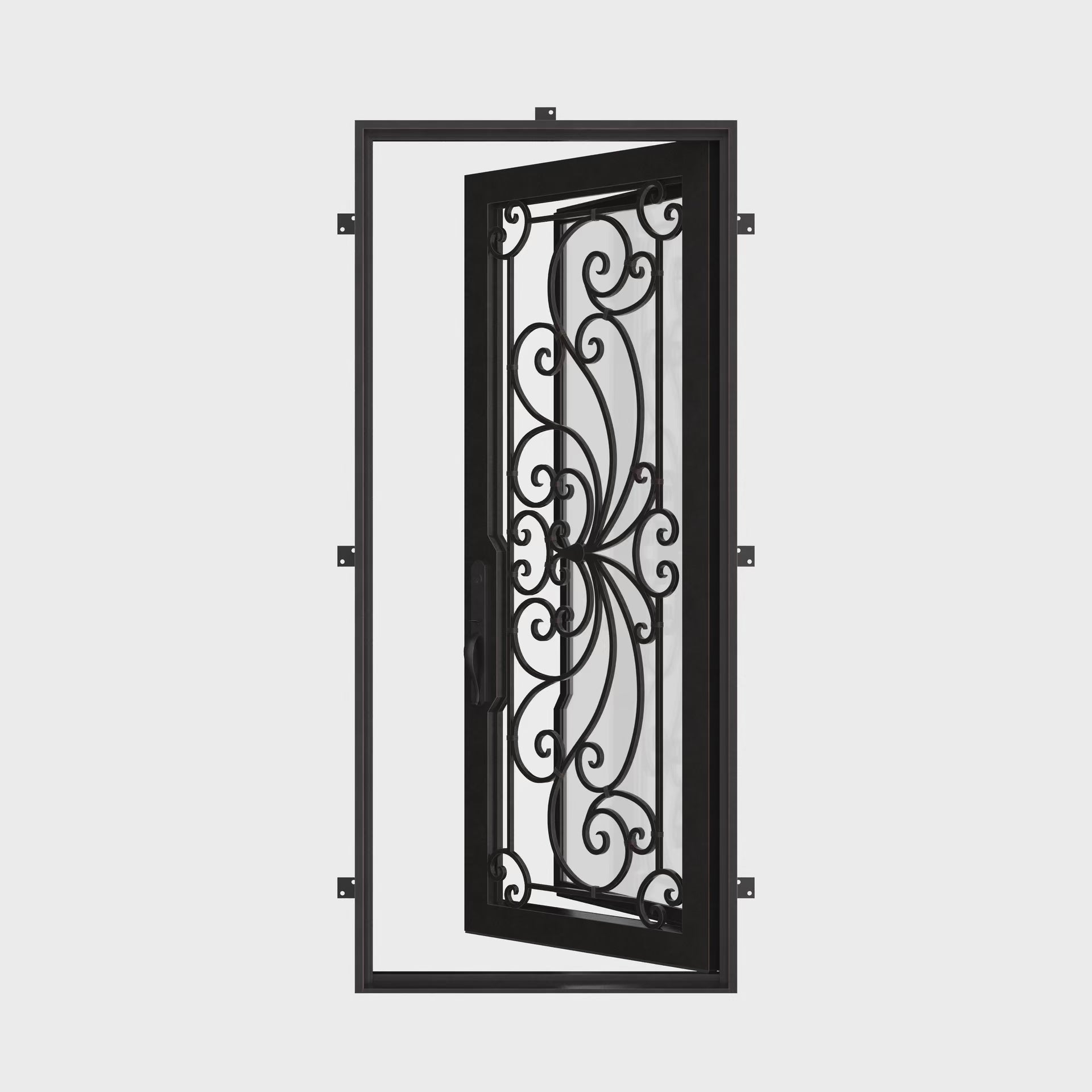 Miracle Single flat top front door with ornate scrollwork and glass insert.