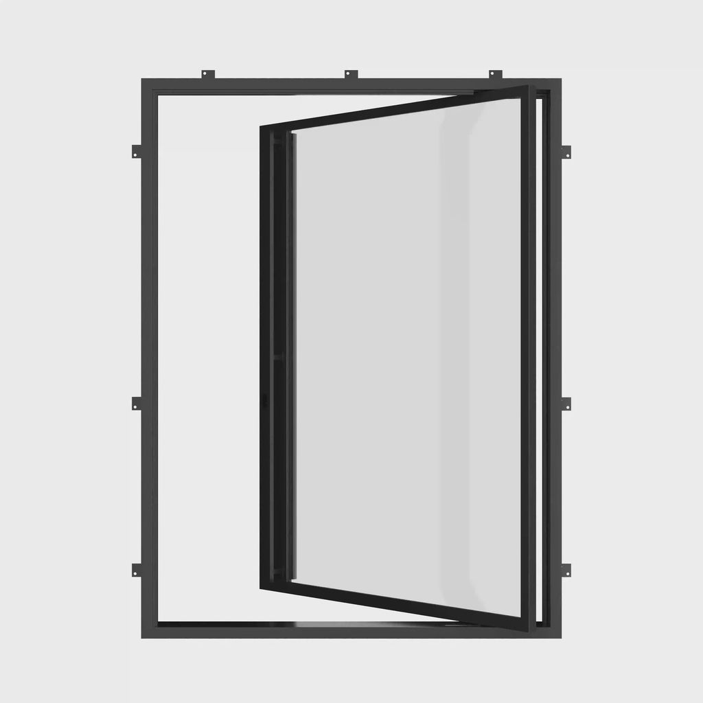 Flat pivot architectural door with dual pane glass.