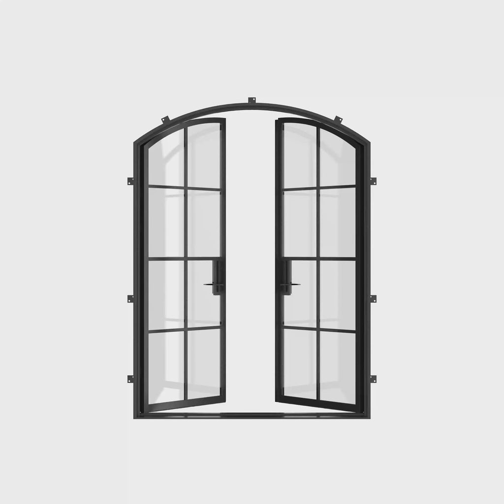 Double arch exterior steel door, NFRC-rated dual-pane glass