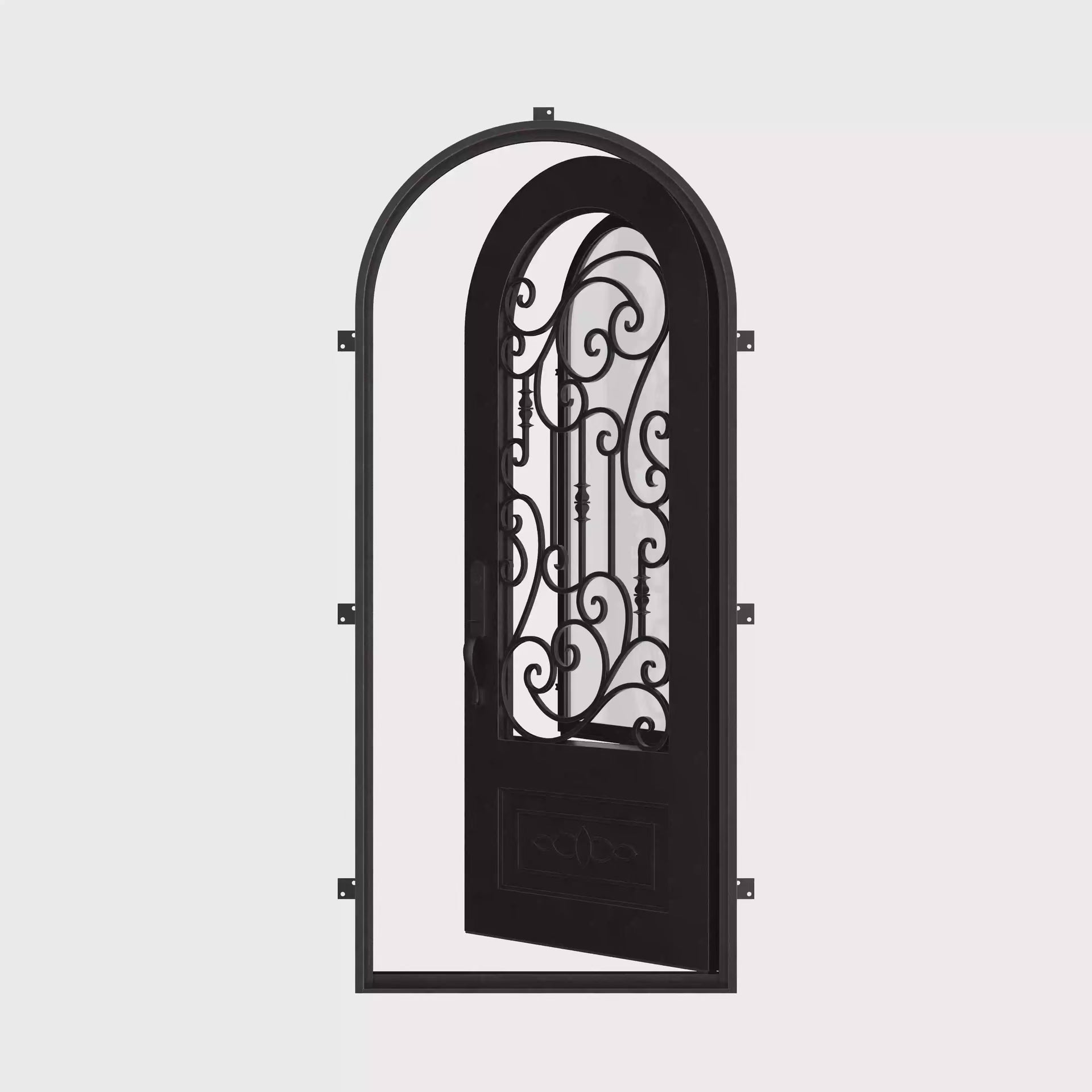 Golden Gate black architectural iron single radius top door with decorative metalwork.