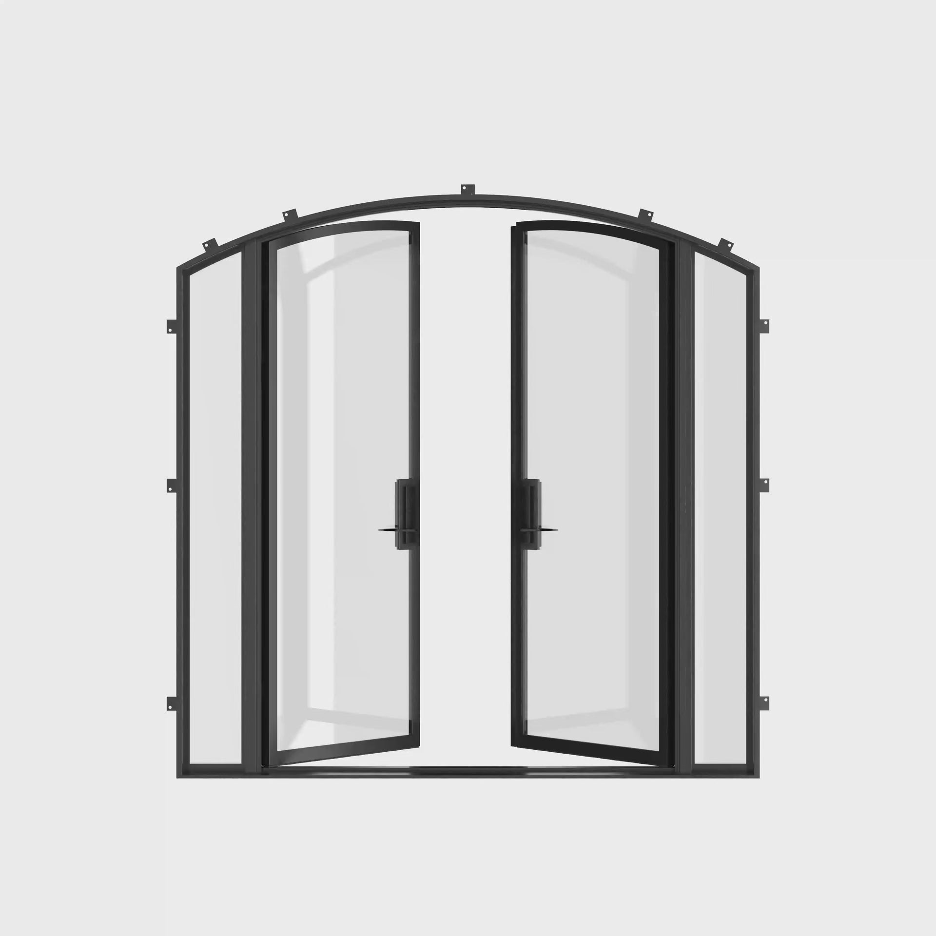 Exterior paired arch steel doors with sidelights.