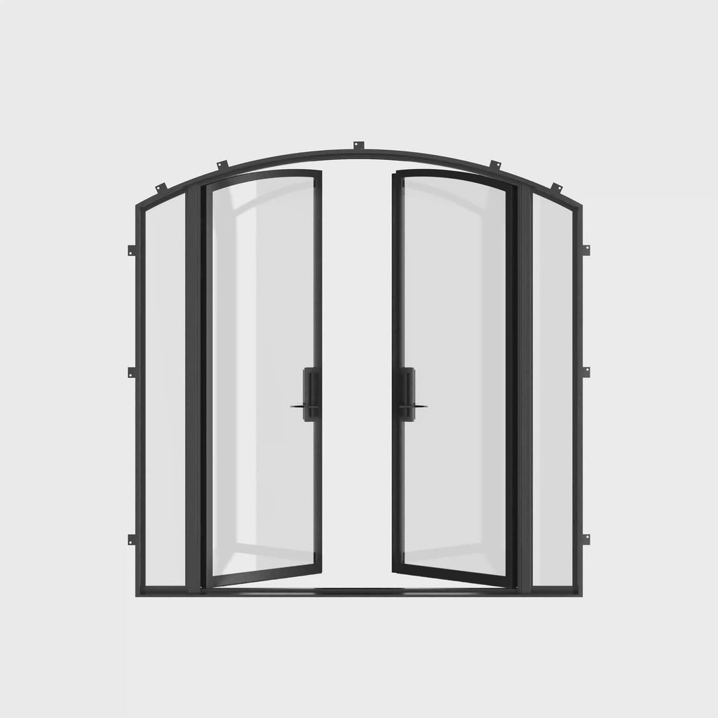 Exterior paired arch steel doors with sidelights.