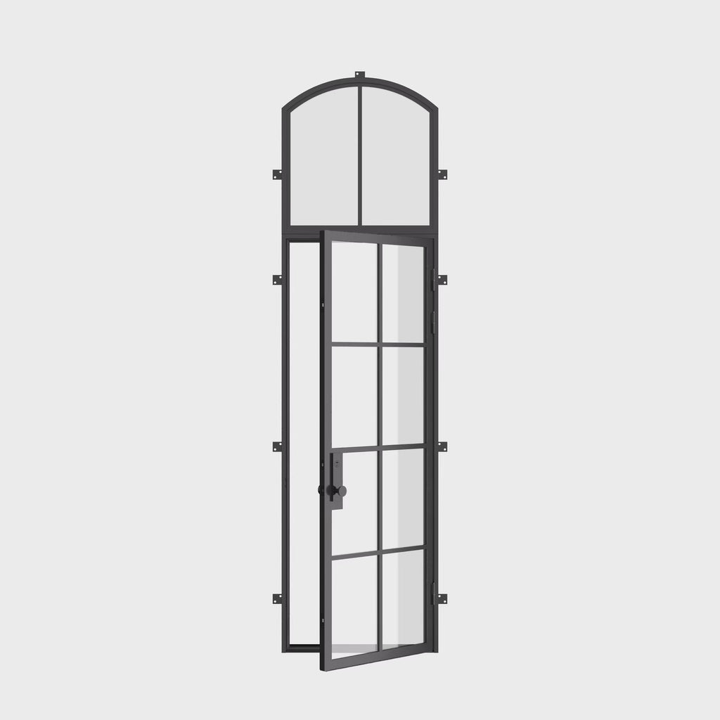 Contemporary single flat architectural steel door with arch top window and tempered glass