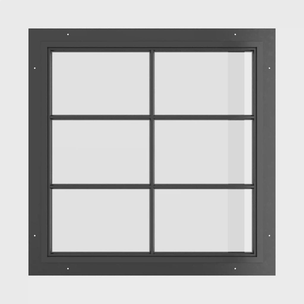 compact square steel window with vertical and dual horizontal divisions