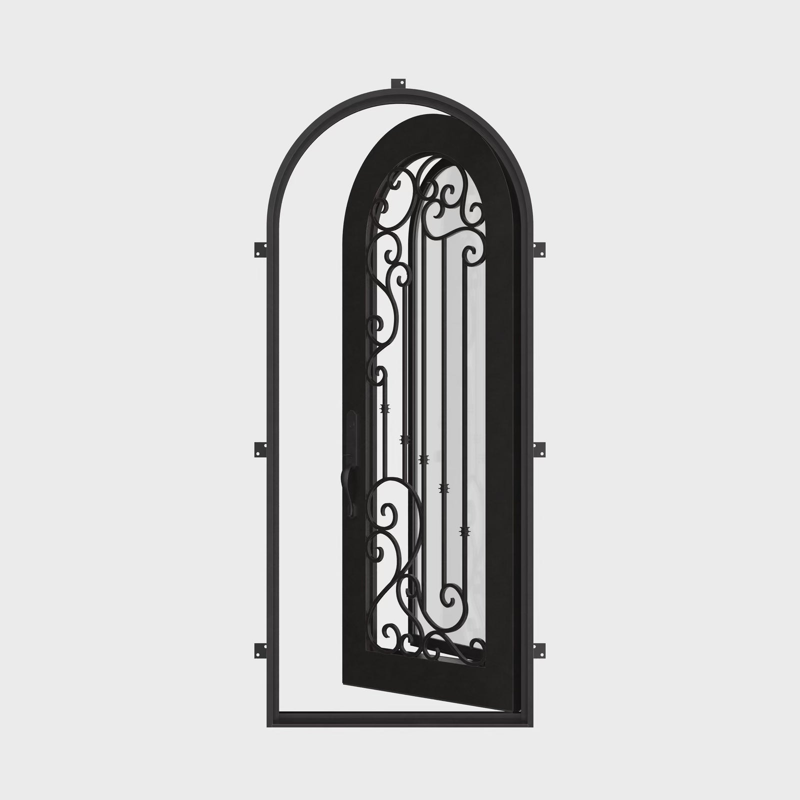 Paris single full arch entry door with thermal barrier and tempered glass in bronze color.