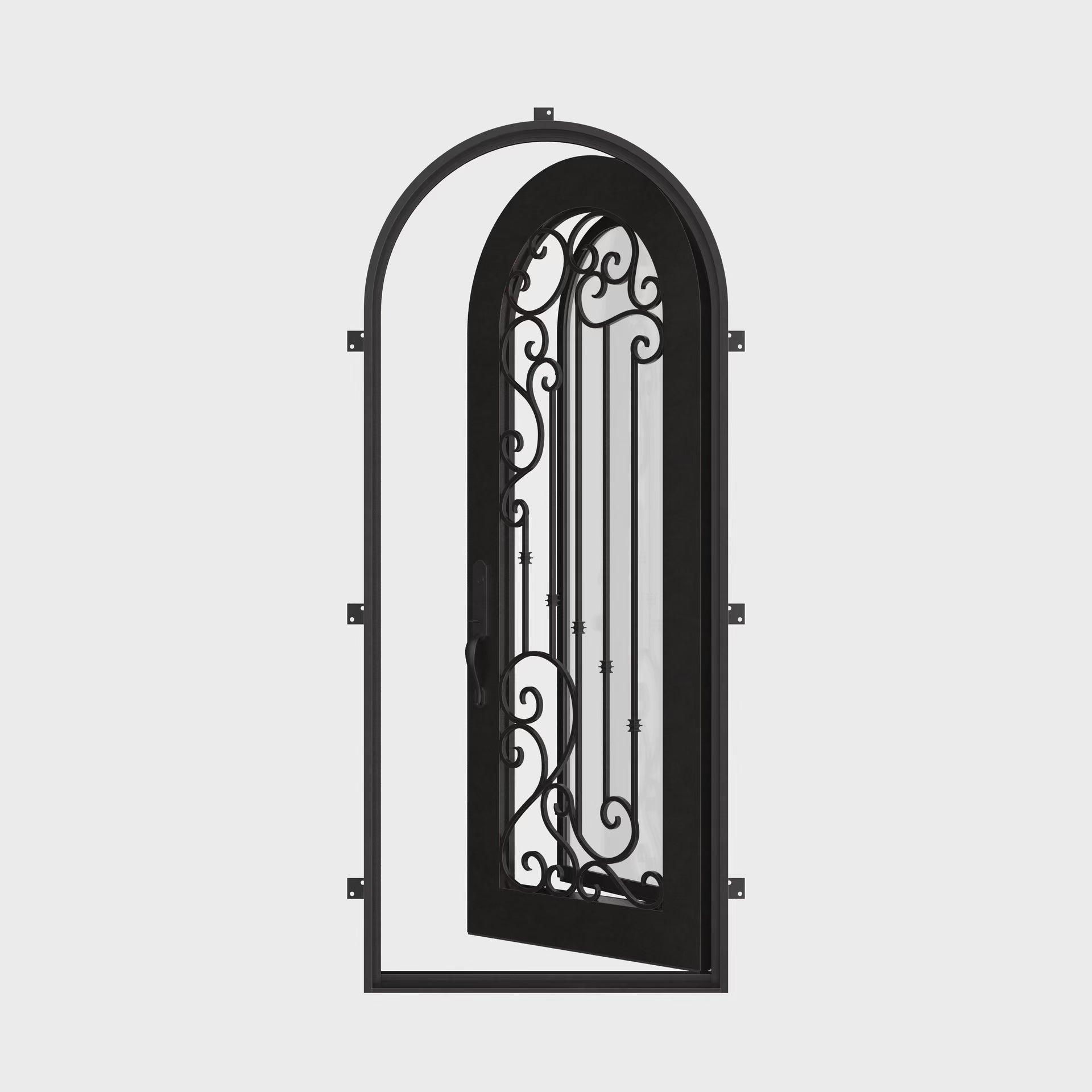 Paris single full arch entry door with thermal barrier and tempered glass in bronze color.
