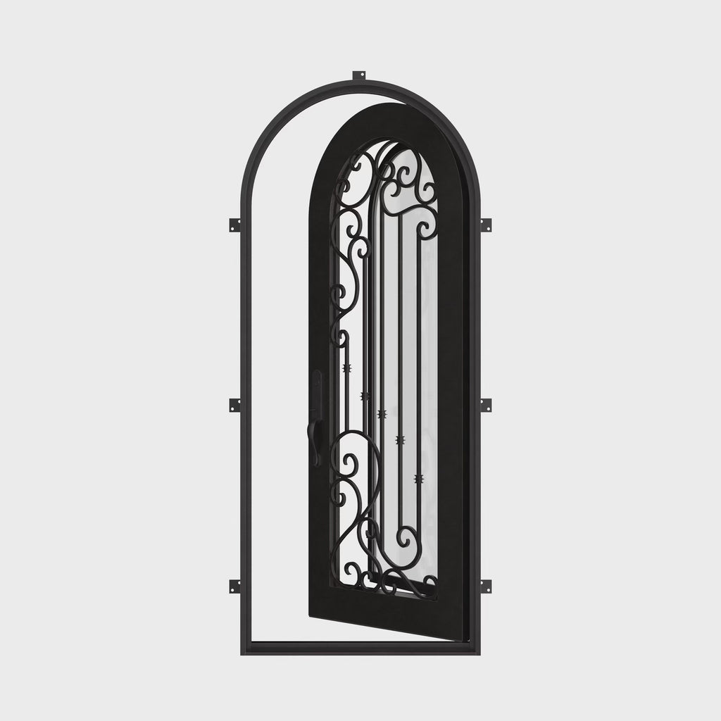 Paris single full arch entry door with thermal barrier and tempered glass in bronze color.