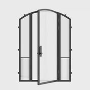 Exterior modern steel front door with side windows, Air Grand single arch style with energy-efficient dual-pane tempered Low-E glass