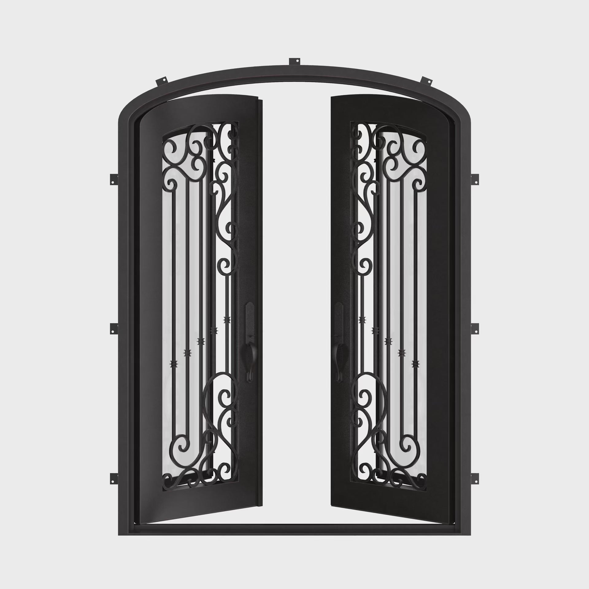 Paris bronze toned iron entry door with arched top and glass windows.