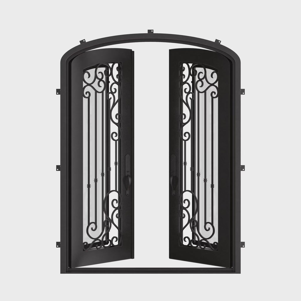 Paris bronze toned iron entry door with arched top and glass windows.
