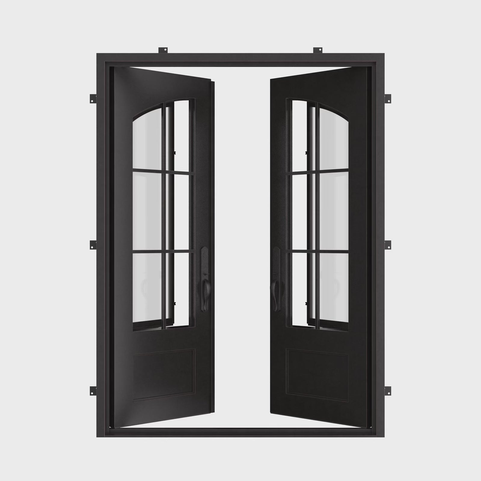 Bristol square top double exterior door in black for cold weather.