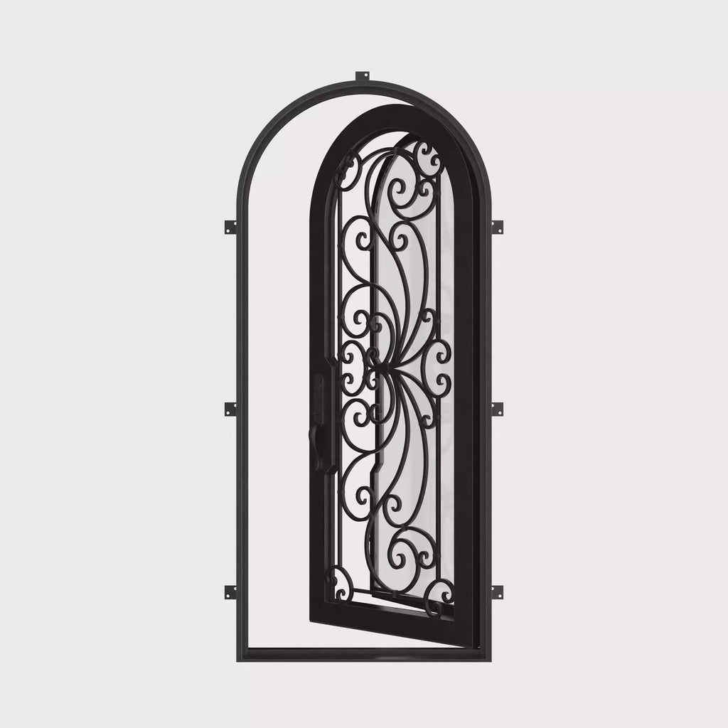 Miracle bronze color iron single full arch top door with energy efficient glass.