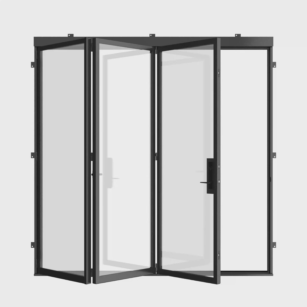 Modern steel bi-fold system with precision hardware.