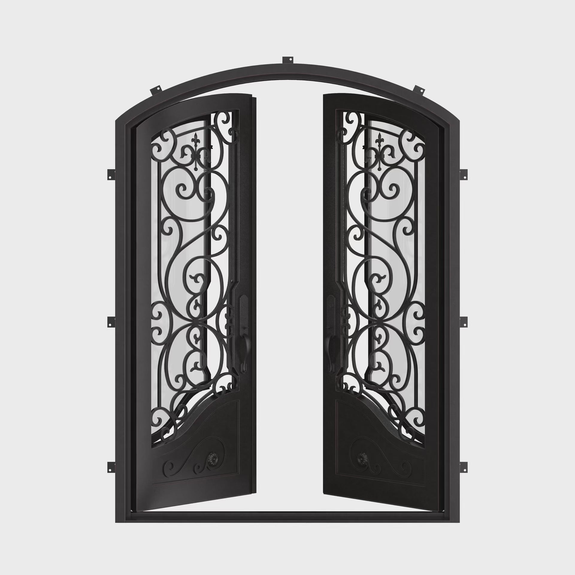 Beverly iron double door in bronze tone with arch top.
