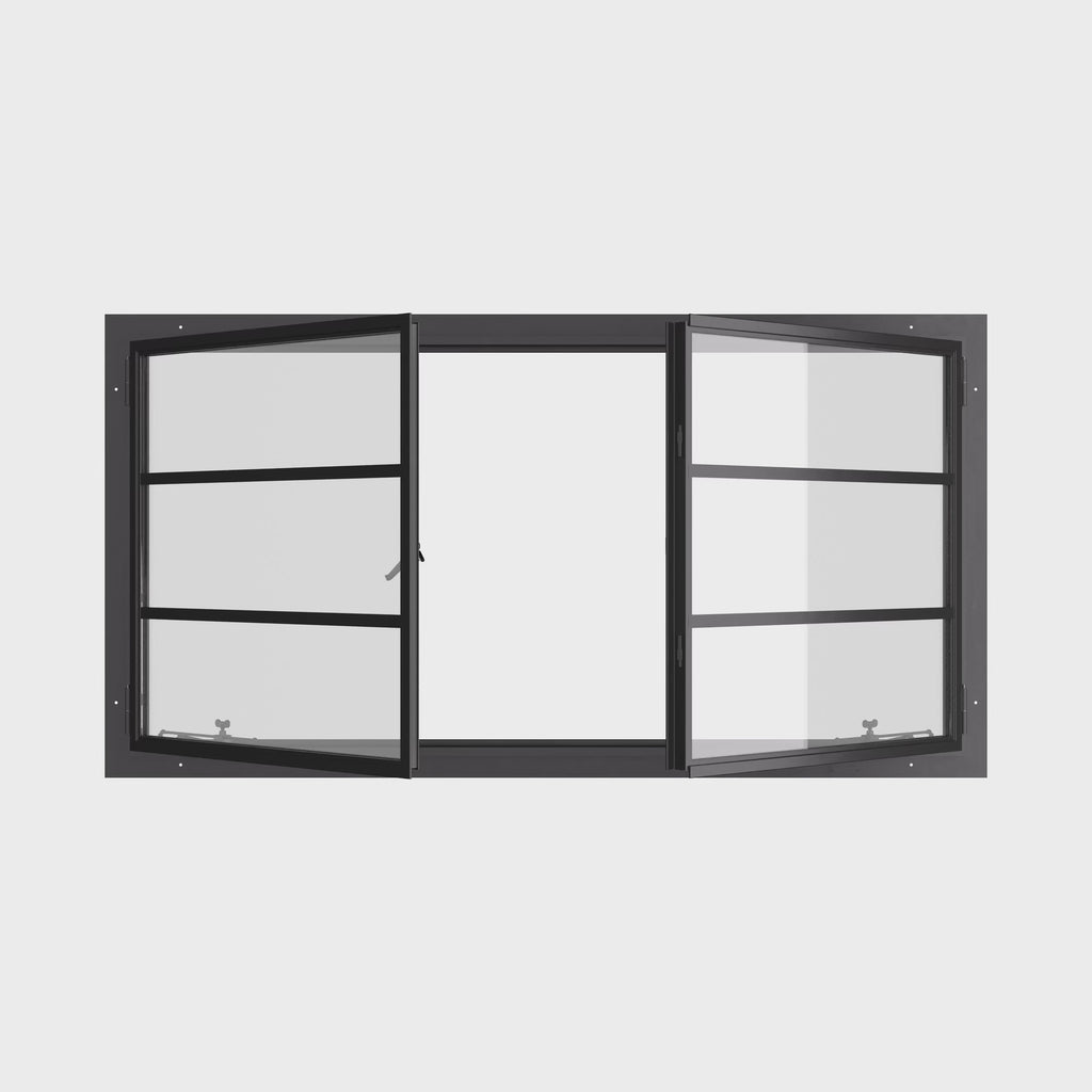Landscape double casement steel window, thermal break, clean sightlines, Low-E glass
