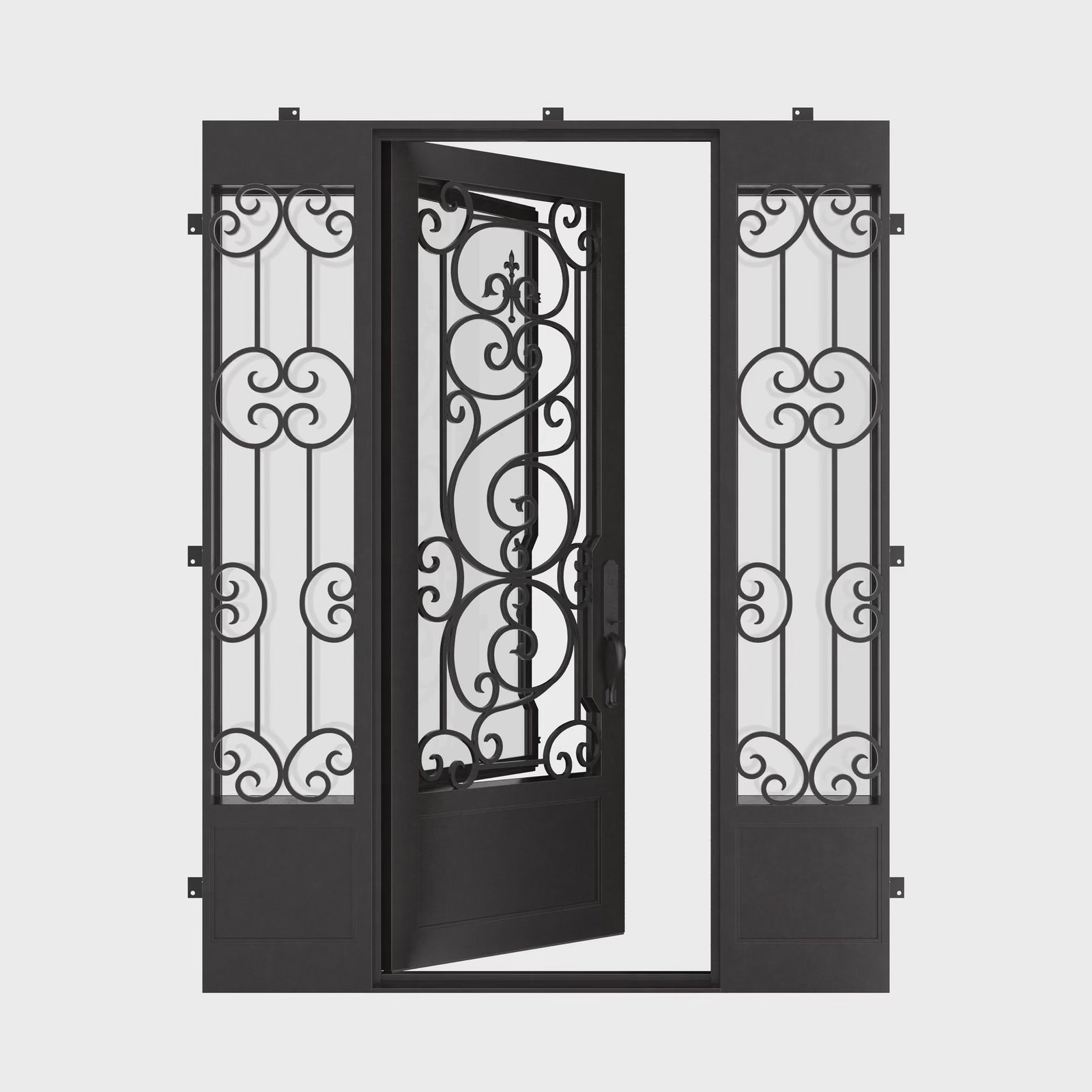 Beverly square top door in black thermally broken with side windows.