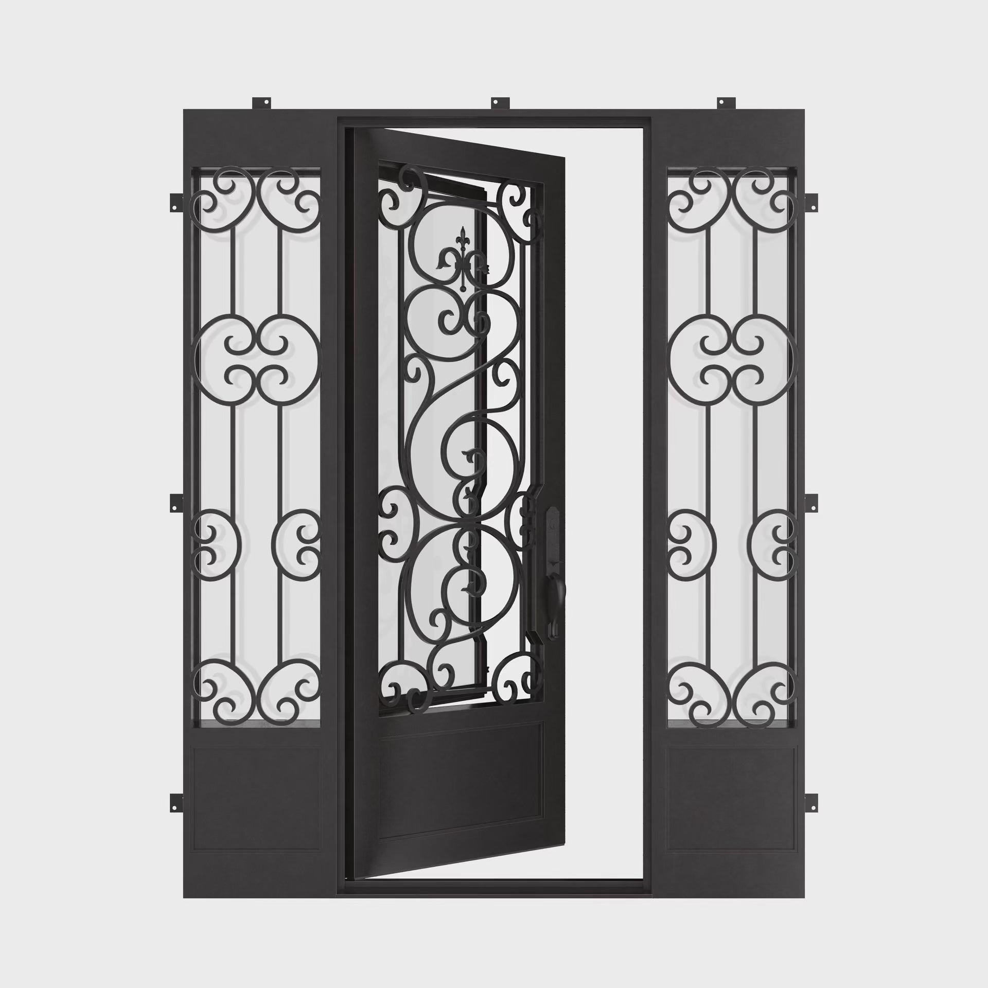 Beverly square top door in black thermally broken with side windows.